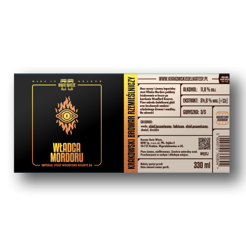 Nowa etykieta (2023)  -  Władca Mordoru Woodford Imperial Stout BA - Browar Dwie Wieże 